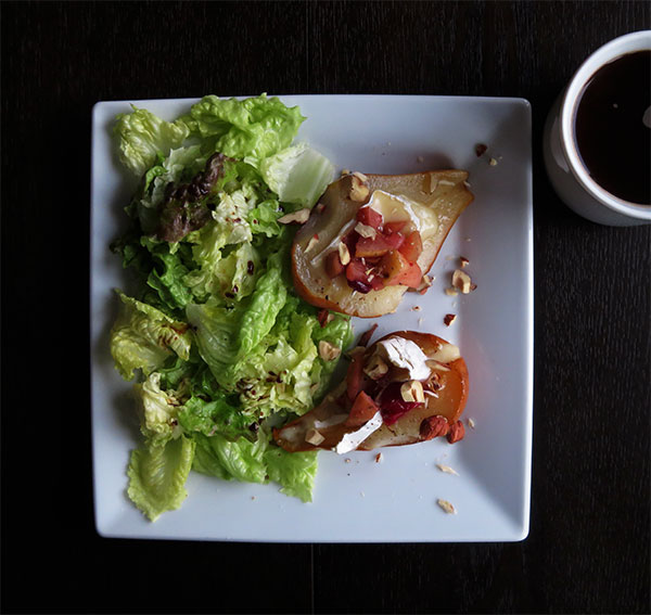 Roasted Pears With Brie, Apple-Pear Compote and Hazelnuts Served With a Green Salad and Coffee