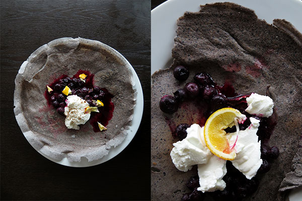 Composite of Blueberry-Whole Wheat Crepes With Blueberry Sauce, Meyer Lemon, Yogurt and Cinnamon