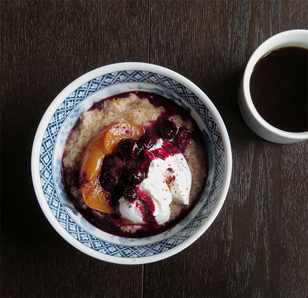 Cracked Farro Cereal With Canned Nectarines, Blueberry Sauce, Yogurt and Cinnamon