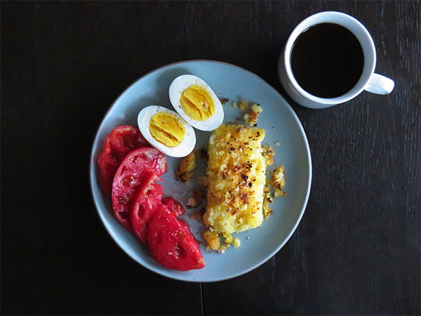 Fried Polenta with Heirloom Tomatoes and Hard-Boiled Eggs and Coffee