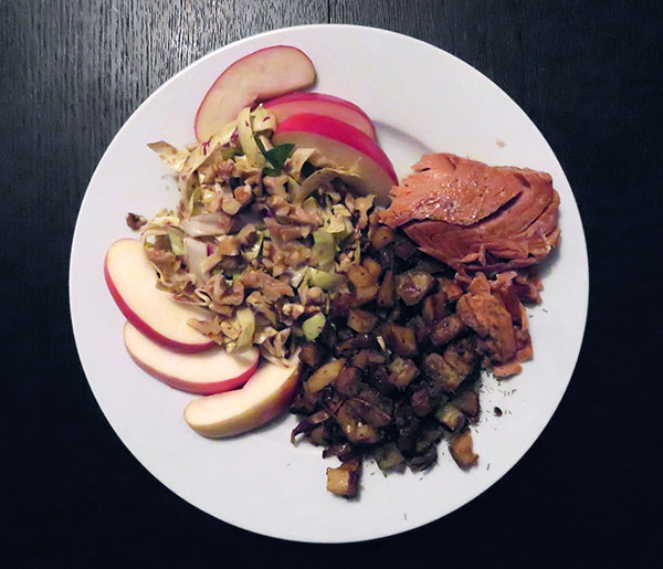 Panfried Potatoes and Onions With Smoked Salmon and Radicchio Salad