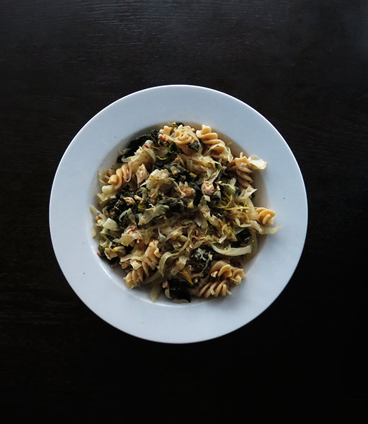 Whole Wheat Pasta With Cabbage, Kale, Tuna, Capers and Meyer Lemon