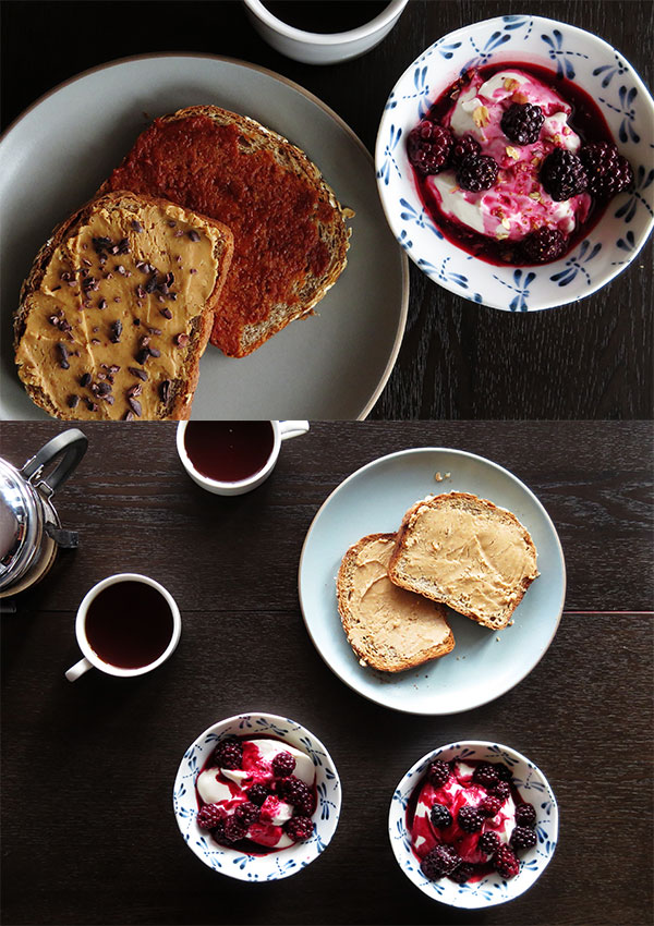 Composite of Greek Yogurt With Blackberry Sauce Served With Toasts: Peanut Butter With or Without Cocoa Nibs, or Rose Apricot Spread