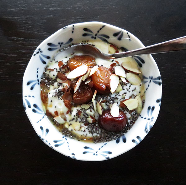 Yogurt Topped with Chia Seeds, Rainier Cherries and Slice Almonds