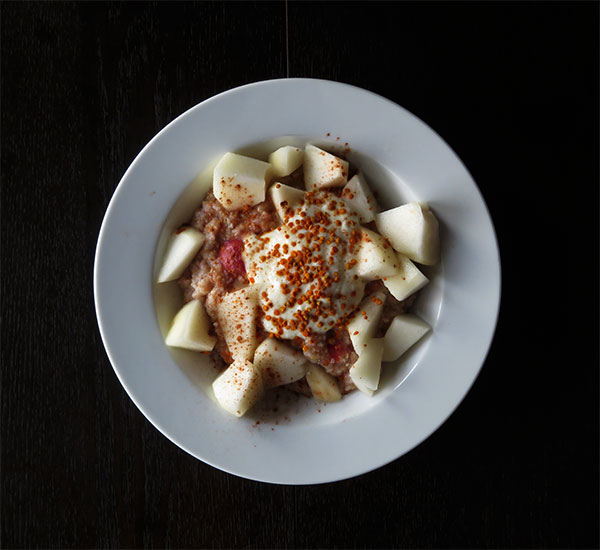 Hot Cereal With Sour Cherries, Pears, Yogurt, Cinnamon and Bee Pollen
