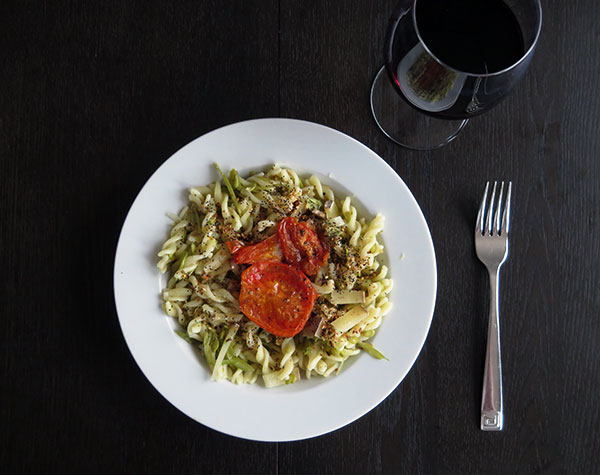 Asparagus Stalk and Green Garlic Fusilli Pasta With Slow-Roasted Tomatoes