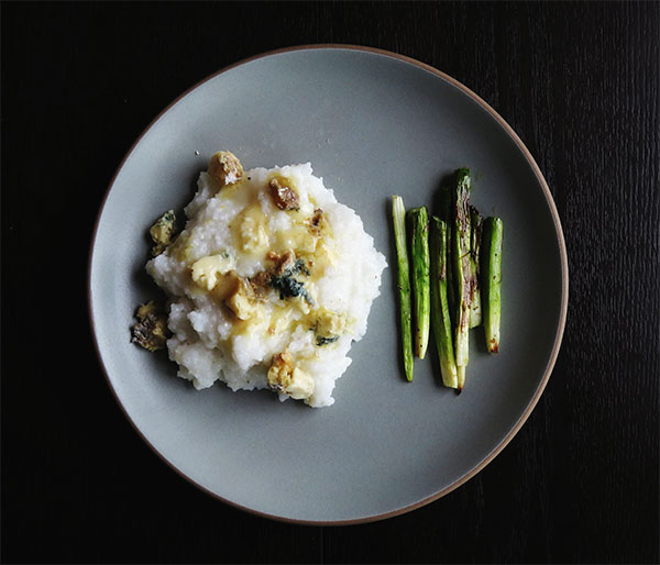 Grits With Blue Cheese and Roasted Asparagus Stalks