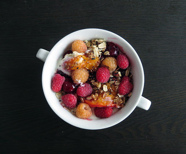 Baked Apricots and Cherries With Yogurt, Rolled Oats and Local Raspberries