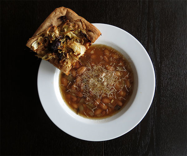 Mayocoba Bean Soup With Cabbage and Kalamata Olive Focaccia Bread
