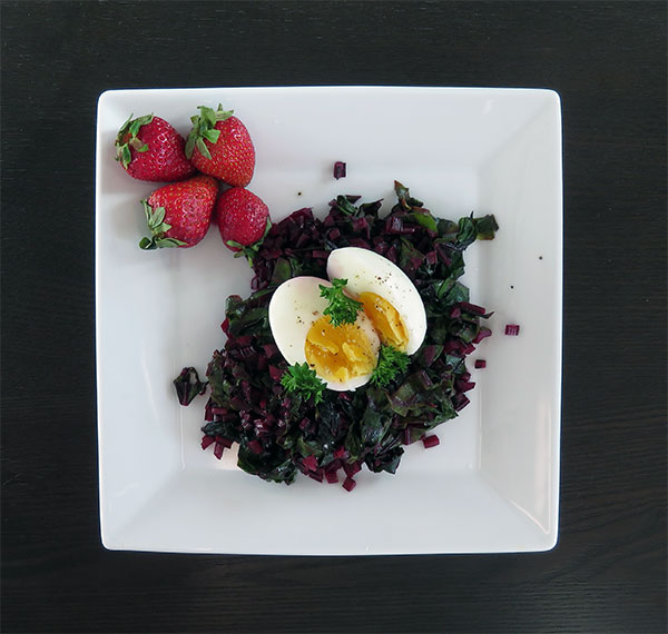 Sautéed Beet Greens With Hard-Boiled Eggs and Fresh Strawberries