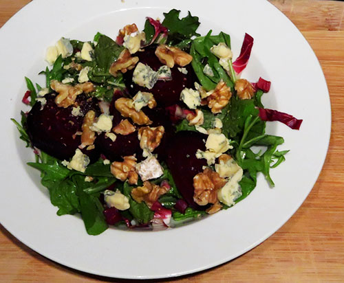 Roasted Beet Salad With Mixed Salad Greens, Walnuts and Blue Cheese