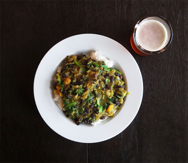 Black Bean, Roasted Vegetable & Tatsoi Coconut Curry Soup