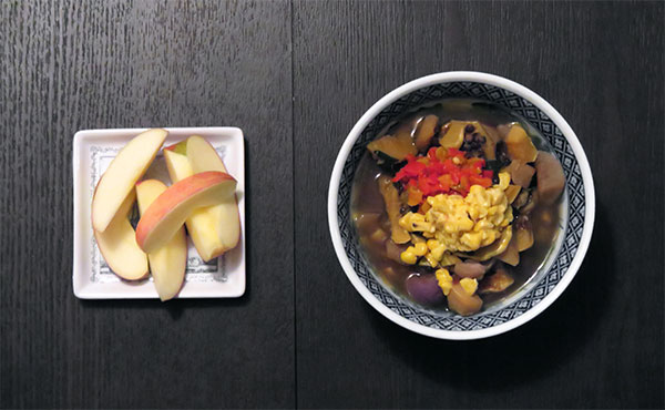 Black Bean, Squash and Radish Soup With Creamed Corn and Braised Peppers