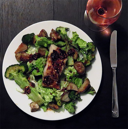 Black Cod in Soy Sauce With Roasted Sunchokes and Broccoli on Salad