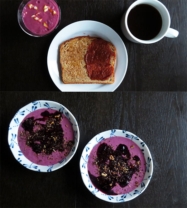 Composite of Blackberry-Blueberry Smoothies With Whole Wheat Toast With Honey and Apricot Rose Spread and With Blueberry Sauce and Biscotti Crumbs