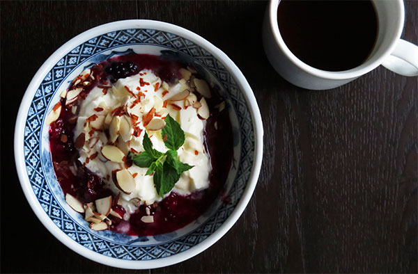 Leftover Blackberry-Rhubarb Crisp with Plain Yogurt and Sliced Almonds for Breakfast