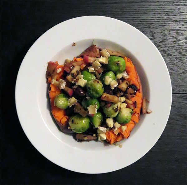 Brussels Sprouts Sautéed With Chestnuts and Apples Over Roasted Sweet Potatoes