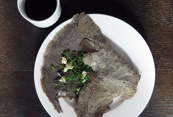 Buckwheat Crepes With Garlic Scapes, Blue Cheese and Fennel Fronds