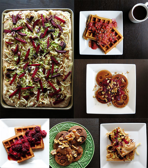 Composite of Focaccia Bread, Pancakes and Waffles