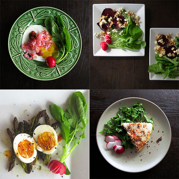 Composite of Dishes with Fresh Radish and Greens