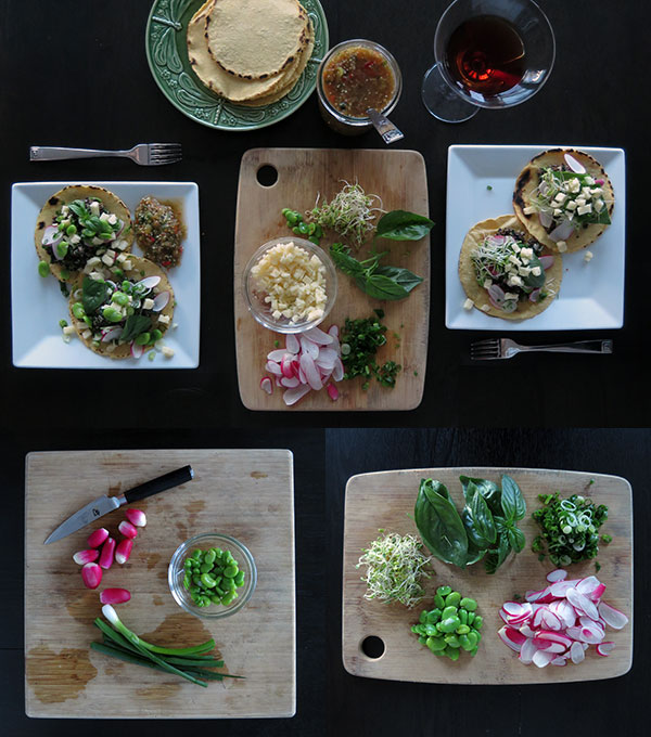 Quinoa Tacos With Spinach, Radishes, Fava Beans, Cheddar Cheese and Tomatillo Salsa