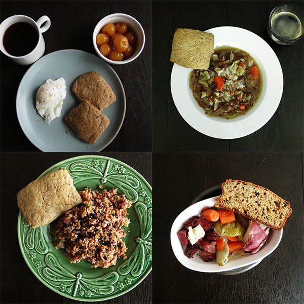 Composite of Leftovers With Sage Biscuits and Soda Bread: Eggs, Soup, Grains, Corned Beef