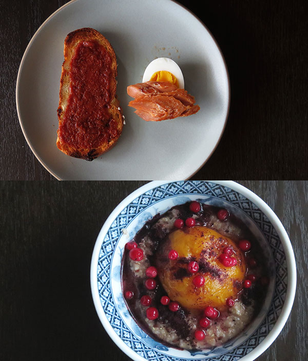 Composite of Hot Cereal, Toast and Hard-Boiled Egg