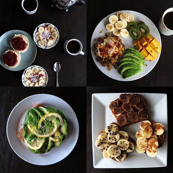 Composite of Avocado Toast, Tropical Fruits and Banana Chia Pudding