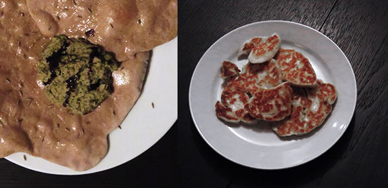 Composite of Cumin Flatbread With Broccoli Hummus and Fried Haloumi Cheese