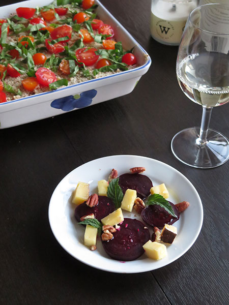 Cracked Wheat-Chickpea Casserole with Cabbage. Served with a Salad of Roasted Beets Topped with Artisan Cheese, Pecans and Fresh Mint.