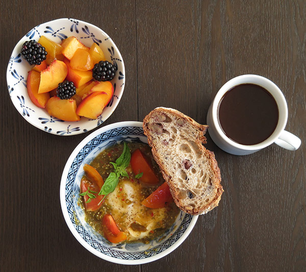 Tomatillo Shakshuka: Eggs Simmered in Tomatillo Salsa with Tomatoes and Basil