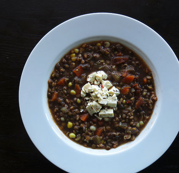 Einka and Lentil Soup With Tomatoes and Feta Cheese