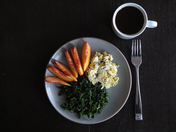 Frambled Eggs, Sauteed Kale and Nectarines