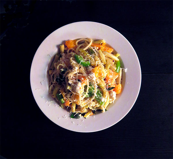 Fresh Linguine with Heirloom Tomato, Yellow Snap Beans, Green Bell Pepper, Basil, Fresh Ricotta and Parmesan