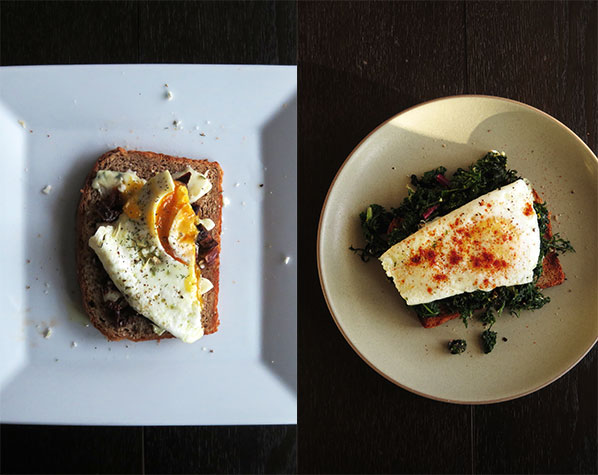 Composite of Fried Egg on Toast With Blue Cheese and Sun-Dried Tomatoes or Lemon and Garlic Sautéed Kale