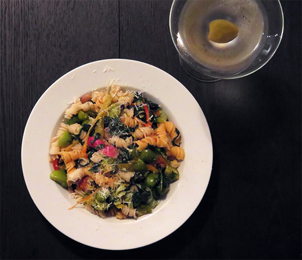 Fresh Tri-Color Fusilli Pasta Topped With Sautéed Sweet Peppers, Radishes, Greens and Tomatillos