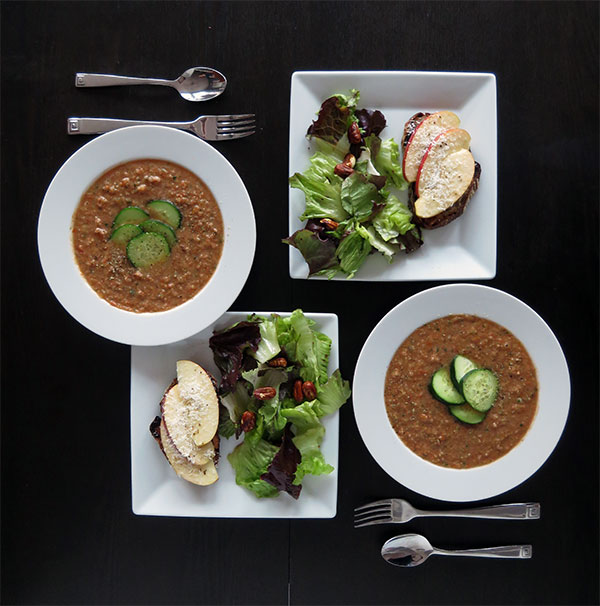 Summer Gazpacho With Apple-Parmesan Melts and Salad