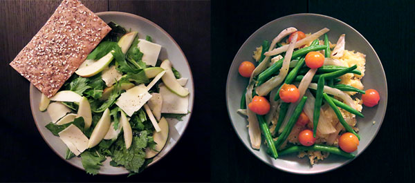 Mixed Green Salad With Apples and Smoked Jack Cheese and Polenta With Green Beans, Fennel and Cherry Tomatoes
