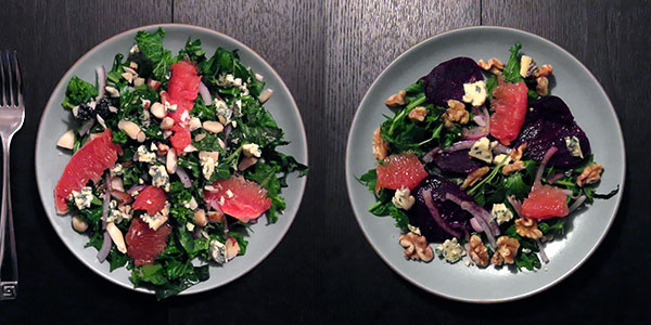 Composite of Green Salads With Grapefruit, Red Onion, Nuts and Blue Cheese
