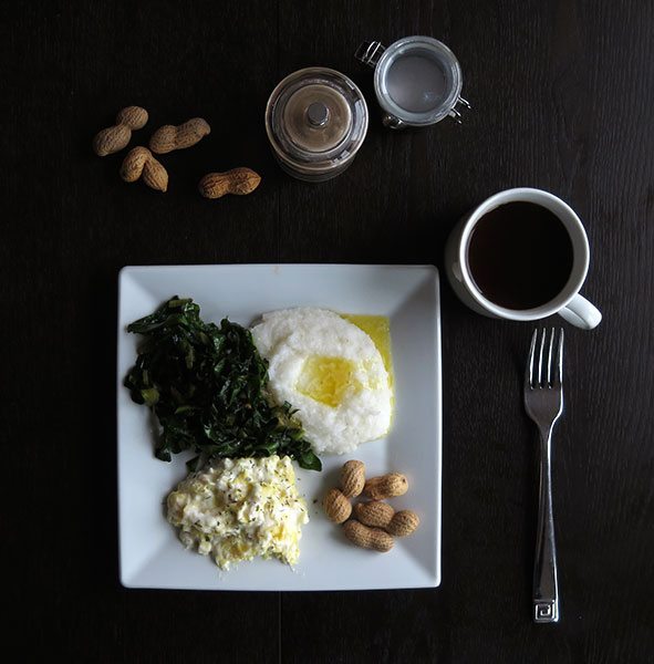 Ricotta-Scrambled Eggs, Grits, Greens and Peanuts