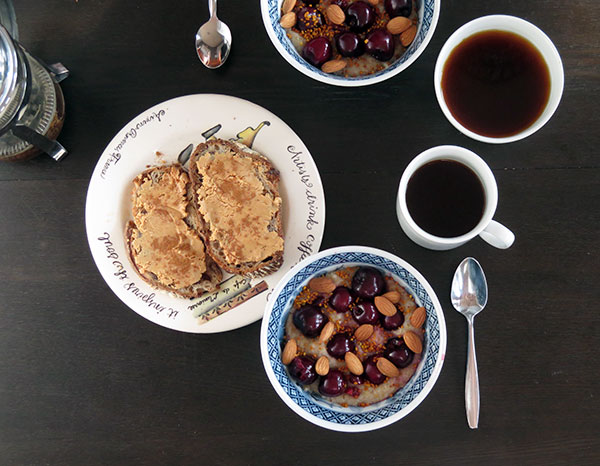 Hot Cereal With Cherries, Almonds and Bee Pollan With Peanut Butter and Cinnamon Toast