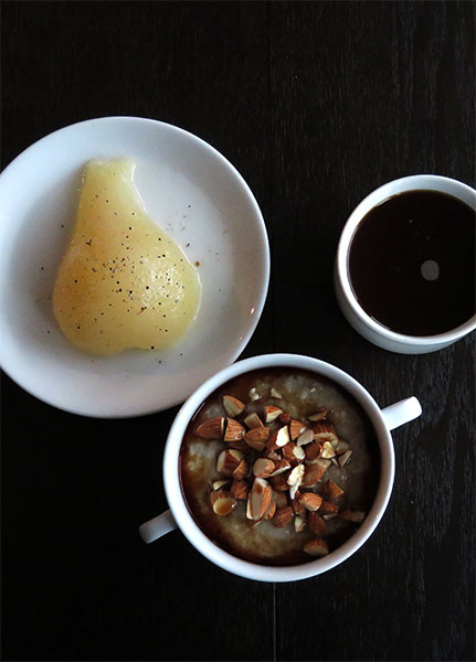 Scottish Oatmeal With Almonds and Boiled Apple Cider, and Home-Canned Pears