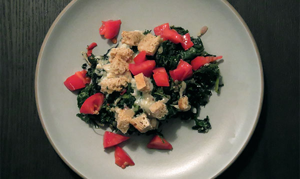 Mixed Greens Casserole Topped with No Woman Cheese, Croutons and Fresh Tomatoes