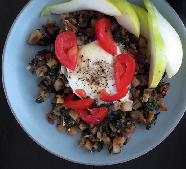 Fried Potatoes With Onions, Chard Greens, Eggs, Tomatoes, and Pears