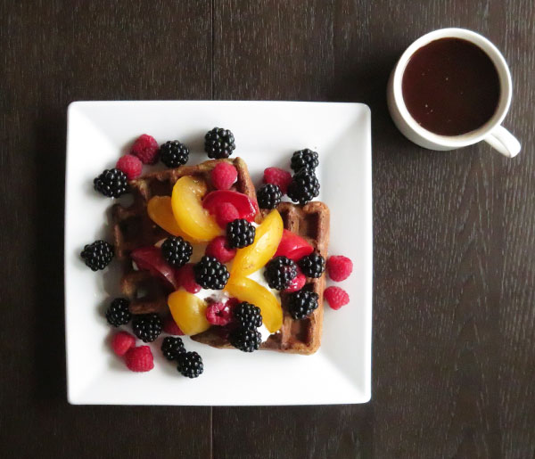 Leftover Waffles Reheated in a Toaster Oven and Topped with Fresh Berries and Plums