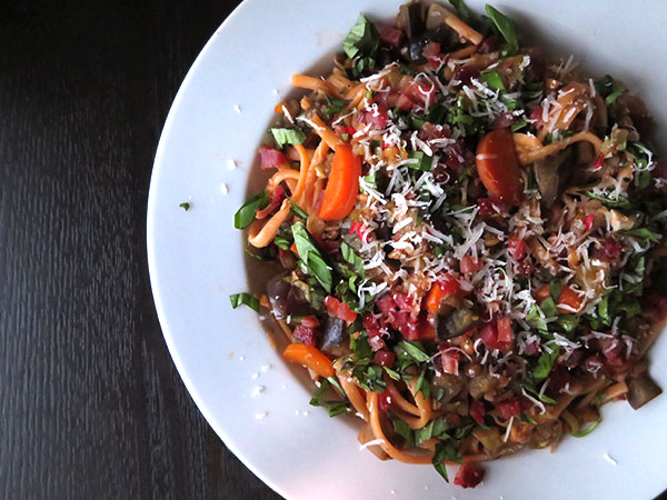 Linguine with Eggplant, Carrots, Leeks and Tomatoes