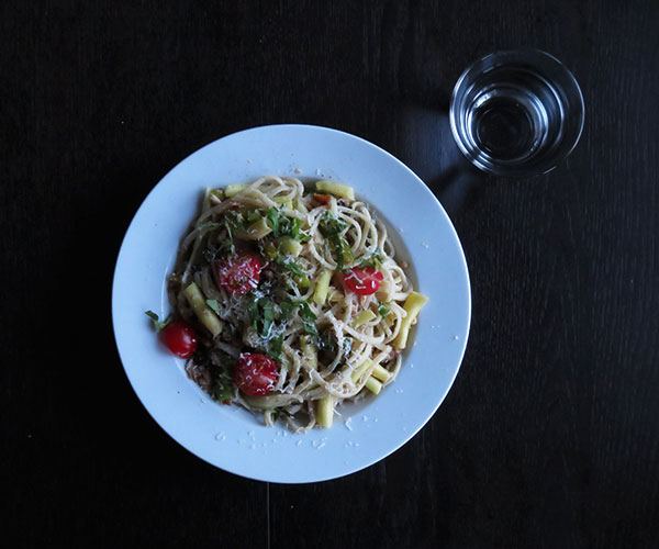 Linguine With Smoked Tuna, Yellow Snap Beans, Green Bell Peppers, Cherry Tomatoes and Basil