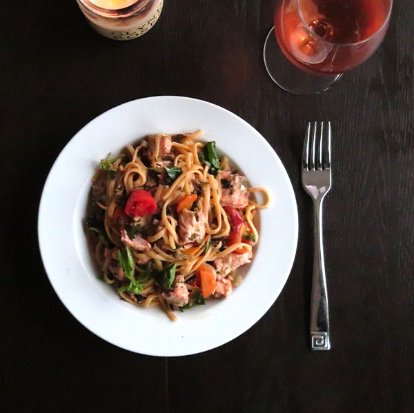 Linguine With Salmon and Cherry Tomatoes, Carrots, Celery, Carrot Greens and Basil