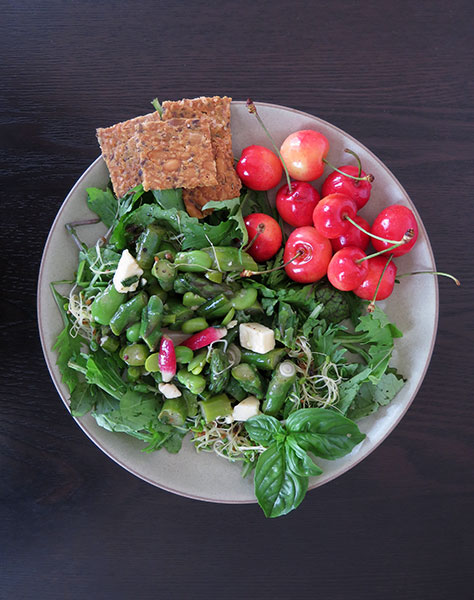 Leftover Green Salad With Asparagus, Fava Beans, Radishes, Sprouts and Cheddar Cheese With Cherries