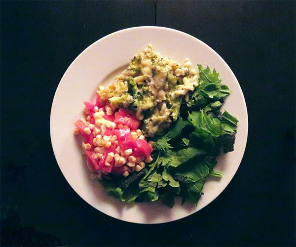 Macaroni and Cheese with Leek Greens and Broccoli with Corn-Tomato Salad and Green Salad